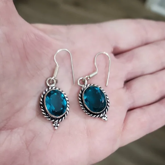 London Blue Topaz Gemstone Earrings in Silver Setting - Picture 2 of 3